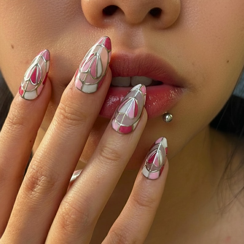 Stained Glass Valentine Press On Nails | Pink White Art Nails | Luxury Valentine Nail Design | Gift For Valentine | Gift For Her | HC1241HC