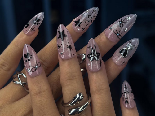 Bengals Cat Press On Nails | Holiday Chrome Pink Nails | Cute Bow & Stars Nail Art | Christmas Gift for Her | Mystic Winter Cat Press On Nails  JB1182BC