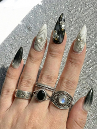 Gothic Black Cat Galaxy Press On Nails for Bold Girls | Handmade Silver Star Fake Nails | Dark Smoky Crystal Nail Art | JB286E