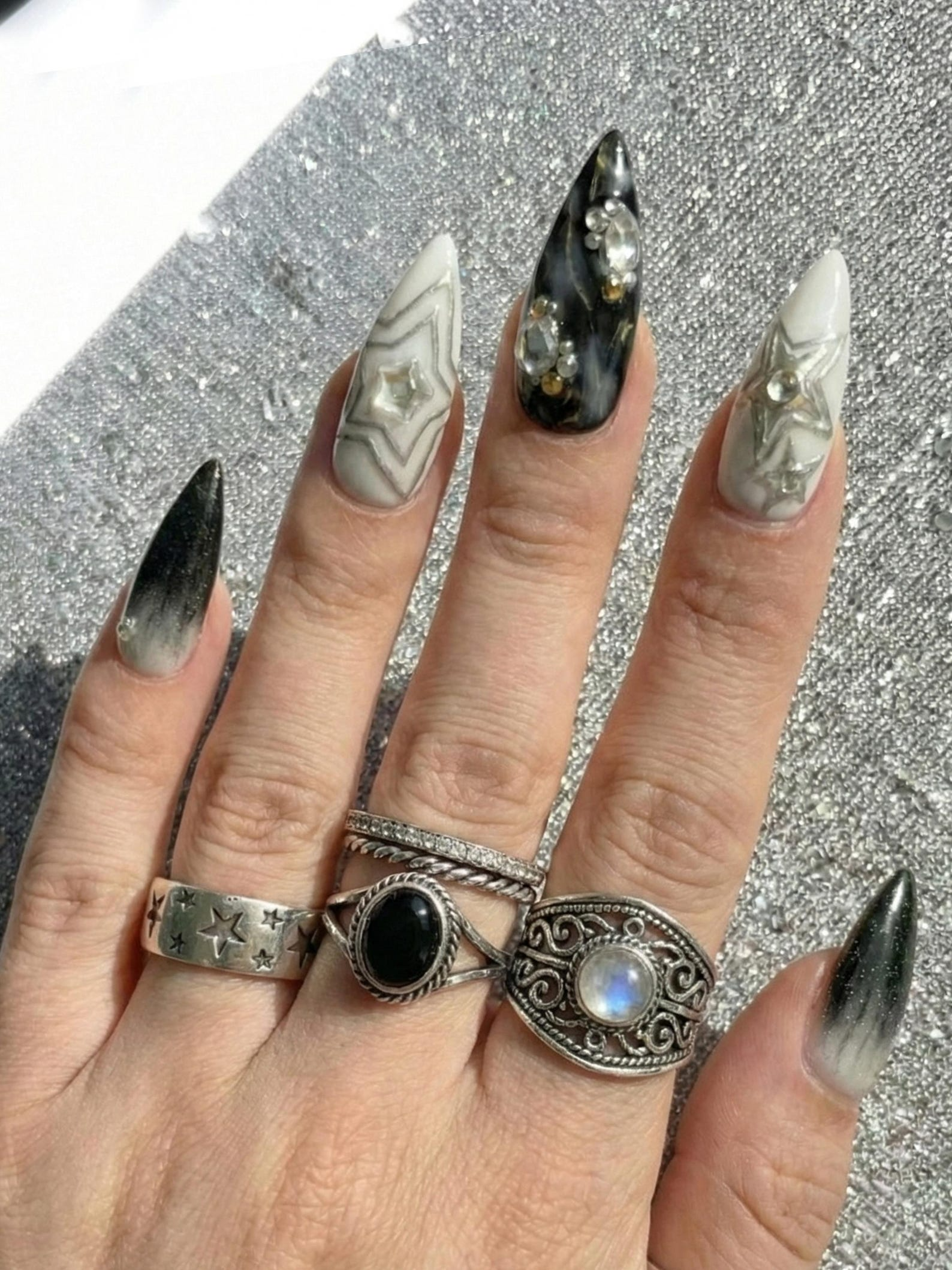 Gothic Black Cat Galaxy Press On Nails for Bold Girls | Handmade Silver Star Fake Nails | Dark Smoky Crystal Nail Art | JB286E