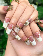 Royal Balletcore Press On Nails | Luxury Pearl Bow Fake Nails | Handpainted Gold French Tip Nails |Elegant Bridal Nails Reusable | JB343IC