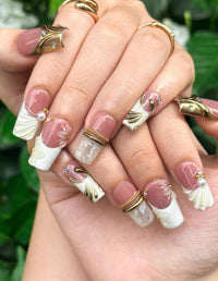 Royal Balletcore Press On Nails | Luxury Pearl Bow Fake Nails | Handpainted Gold French Tip Nails |Elegant Bridal Nails Reusable | JB343IC