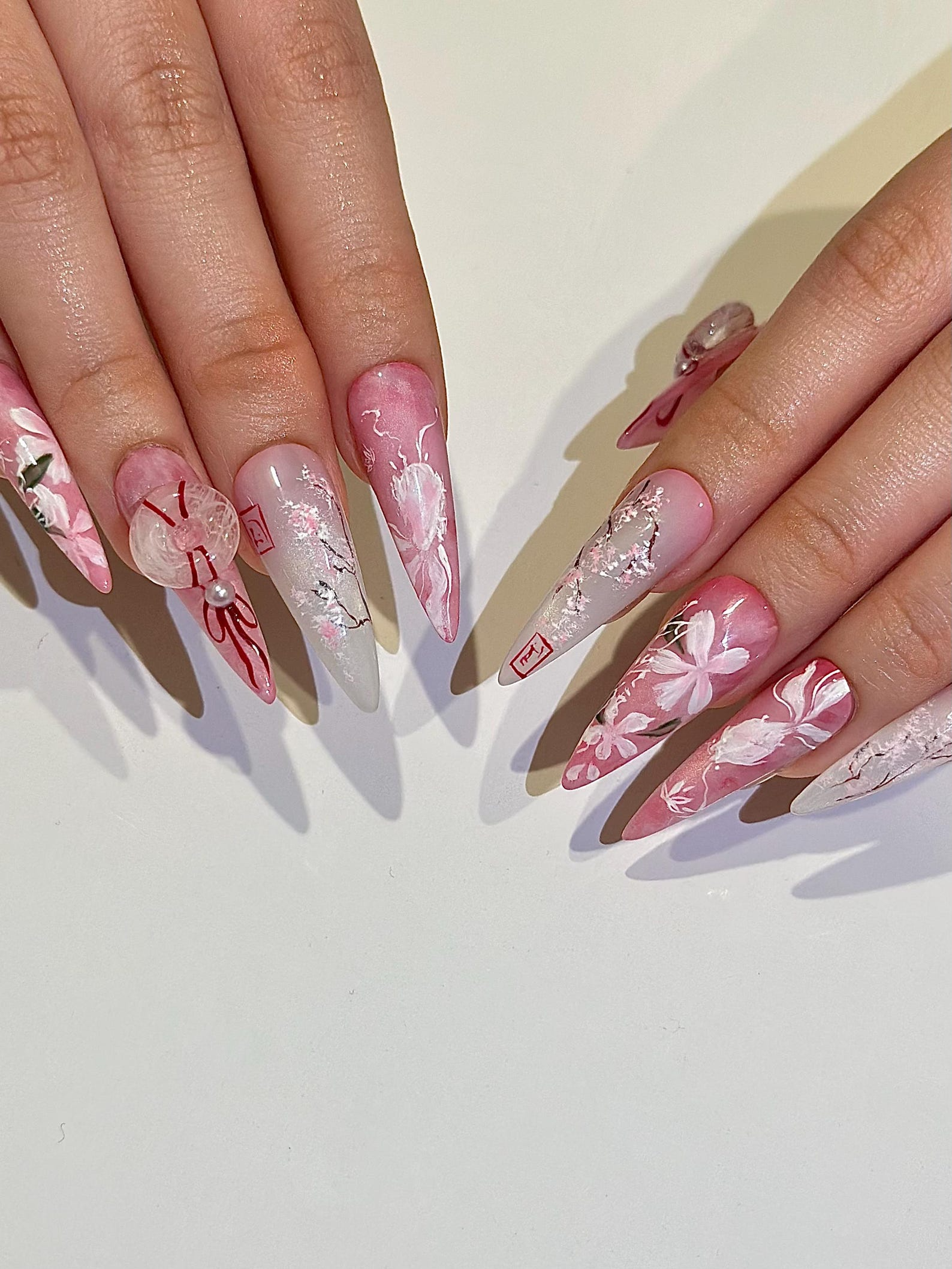 Pink Blossom Press On Nails | Pink Jelly Floral Nails | Asian Flower Nails | Romantic Spring Nails | Handmade Stiletto Press Ons | JB312HC