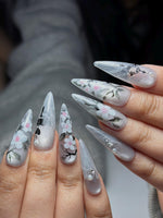 Grey Ombre Floral Press On Nails | Hand Painted Sakura Nail Art | Elegant Stiletto Nails | Japanese Inspired Press Ons | HB1299HC