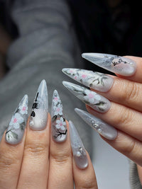 Grey Ombre Floral Press On Nails | Hand Painted Sakura Nail Art | Elegant Stiletto Nails | Japanese Inspired Press Ons | HB1299HC