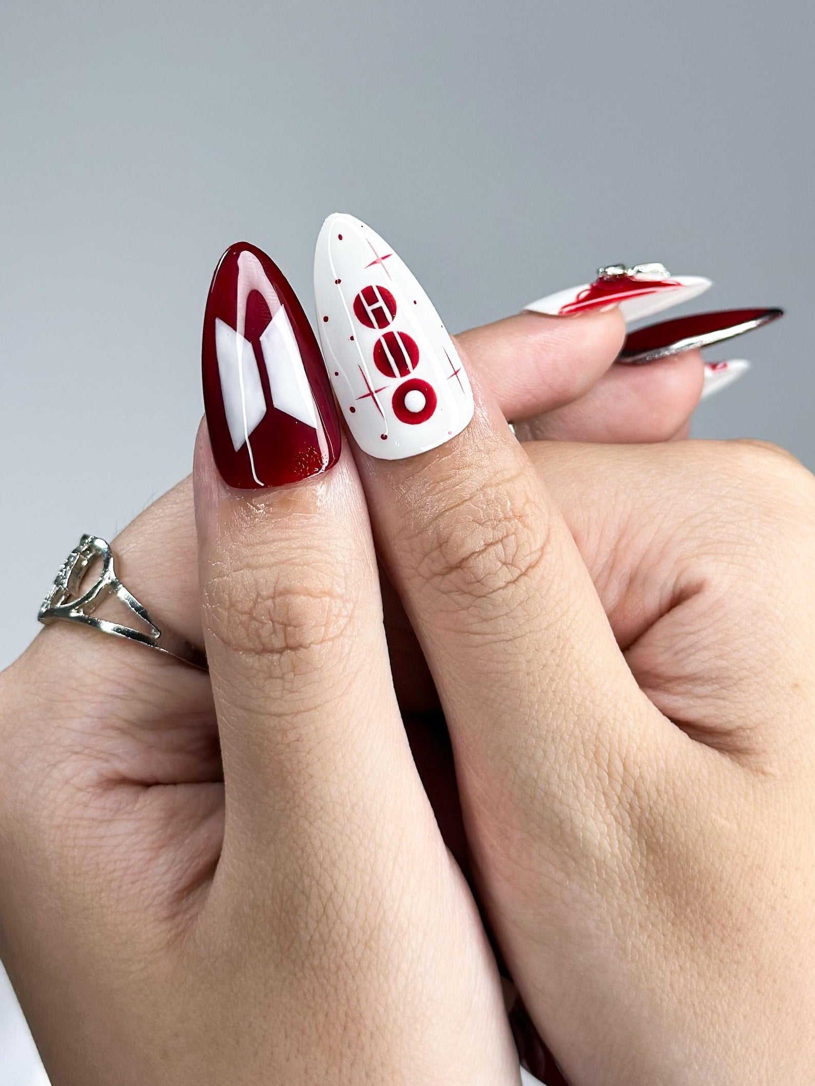 Kpop Inspired Cupid Voyage Nails | 7 Spirit Arirang Love Muse Press Ons | Red White Silver Retro Pop Nails | Coquette Fandom Nails| JC358IK
