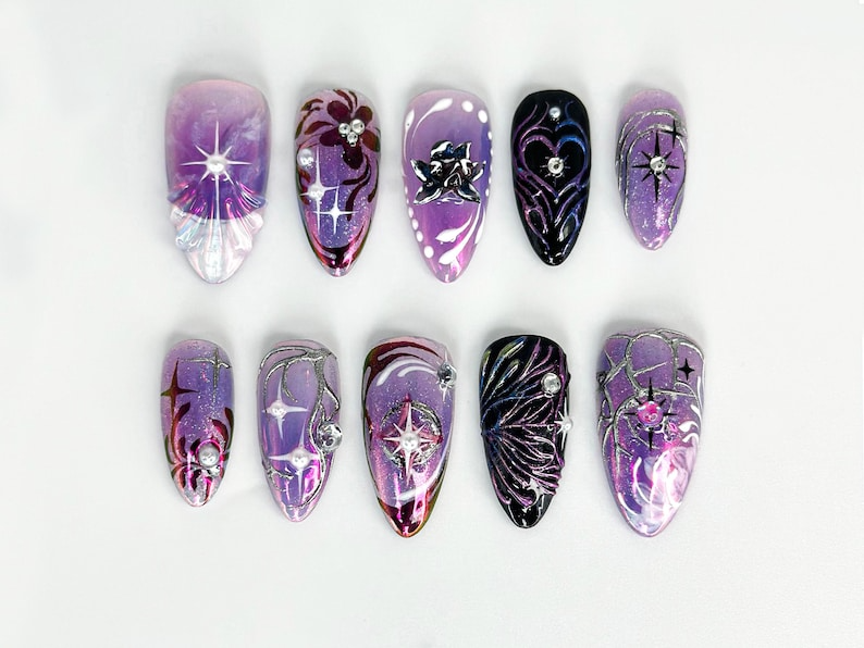 Galaxy Glitter Purple Press On Nails | Galaxy Star Nail Art | Metallic Purple Nails | Elegant Nail Set | Holographic Star Nails | JB671HC