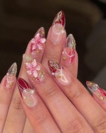 Elegant 3D Floral Press On Nails | Burgundy Pink Silver Nail Art | Silver Chrome Detailing Fake Nails | Luxury Nails | Prom Nails | HB867YK