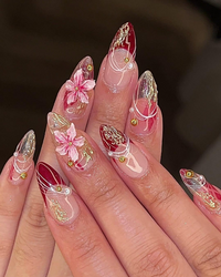 Elegant 3D Floral Press On Nails | Burgundy Pink Silver Nail Art | Silver Chrome Detailing Fake Nails | Luxury Nails | Prom Nails | HB867YK
