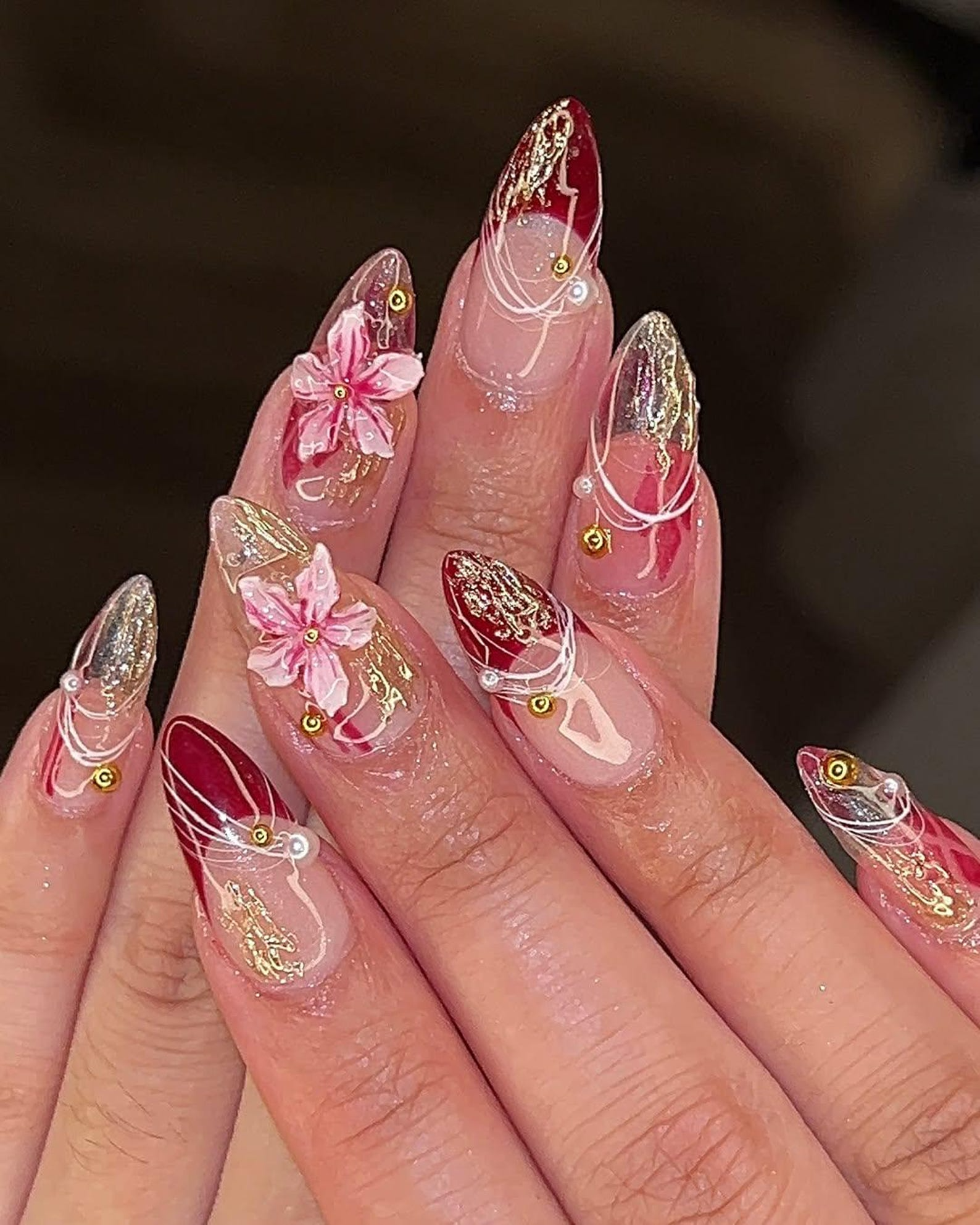 Elegant 3D Floral Press On Nails | Burgundy Pink Silver Nail Art | Silver Chrome Detailing Fake Nails | Luxury Nails | Prom Nails | HB867YK