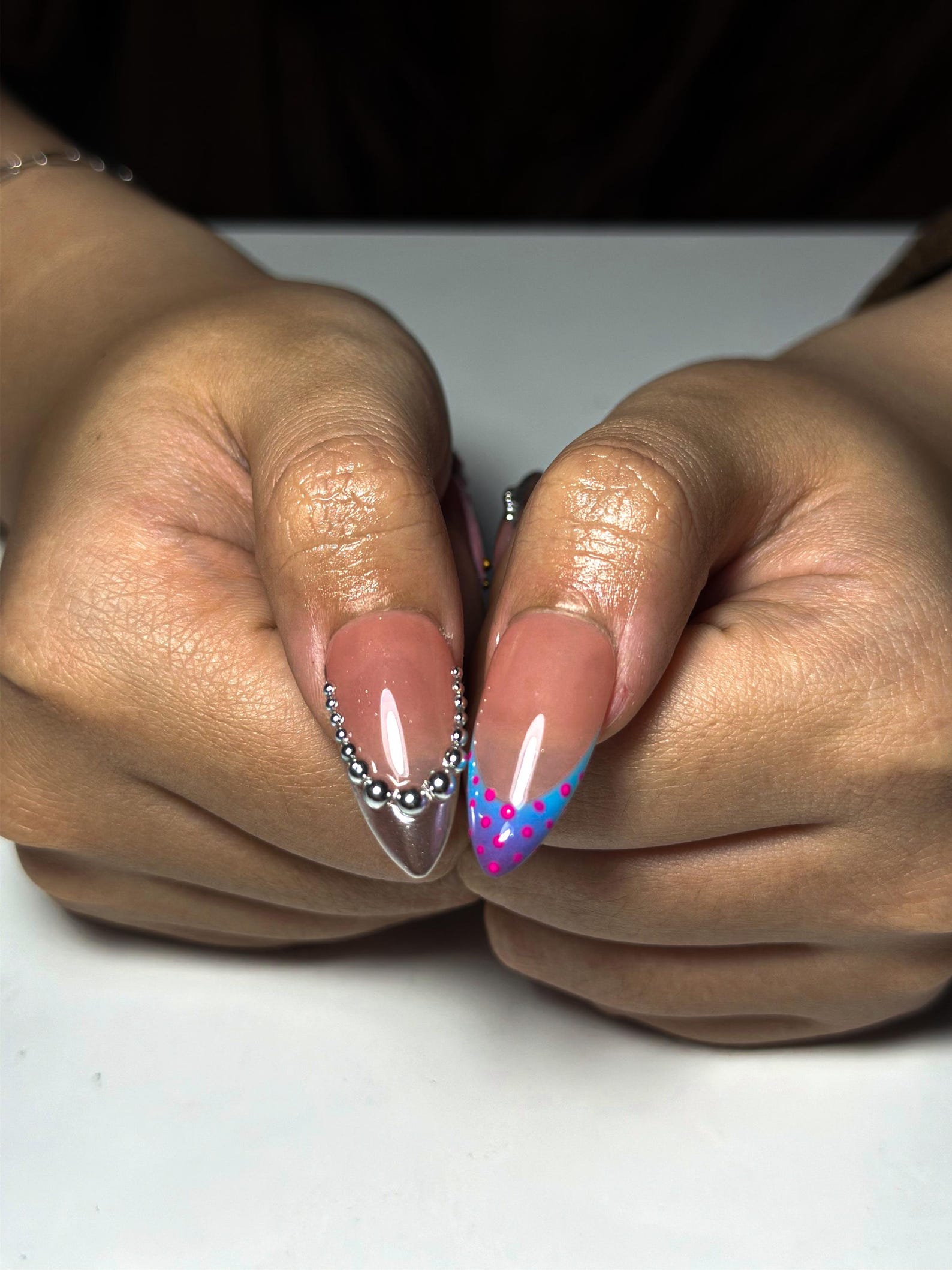 Glossy Press On Nails with Chrome Silver and Jelly Pink | Star Accent Pastel Nails in Almond Shape | Cute Nails | JC345NC