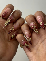 Golden Red Press On Nails | Burgundy & Gold Floral Nail Art | 3D Metallic Flower Design | Luxury Nail Set | Long Stiletto Press Ons| DC878HC