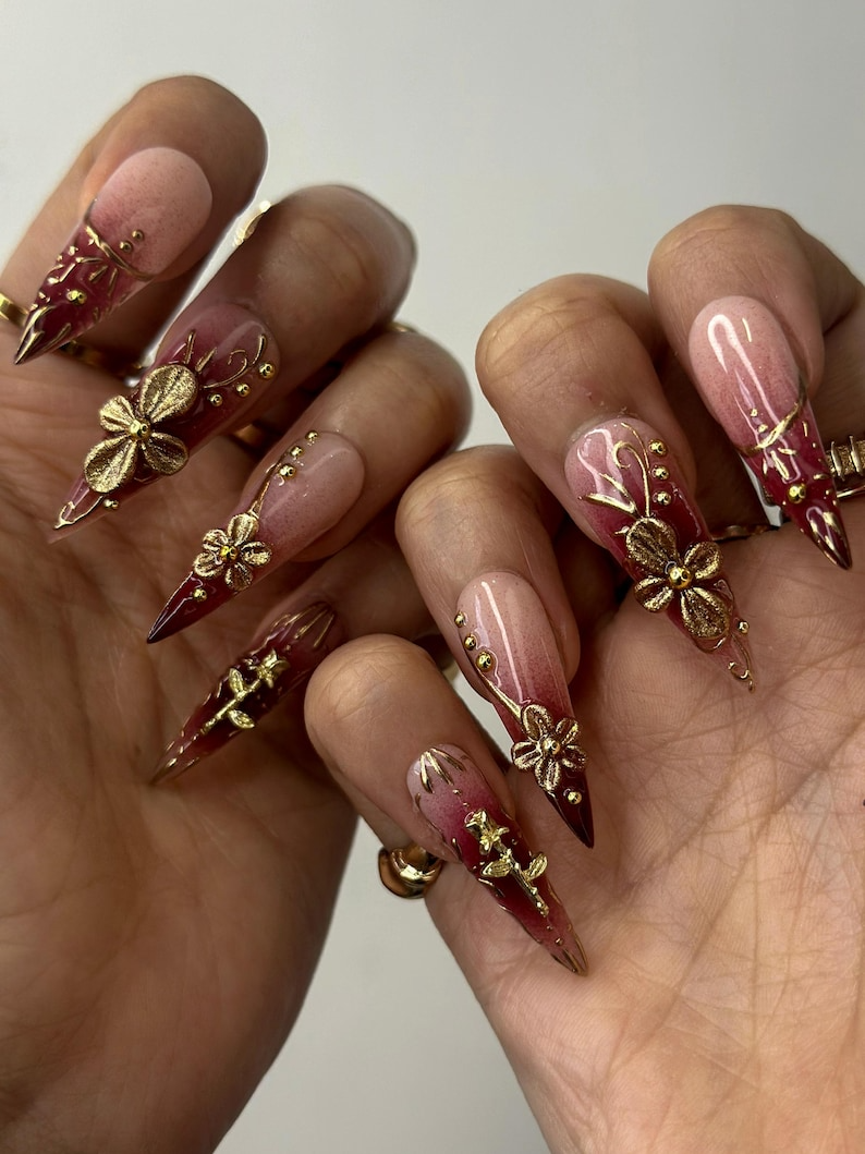 Golden Red Press On Nails | Burgundy & Gold Floral Nail Art | 3D Metallic Flower Design | Luxury Nail Set | Long Stiletto Press Ons| DC878HC
