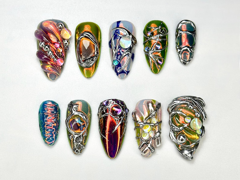 Edgy Metallic 3D Press-On Nails | Holographic Gem Nail Design | Metallic Chrome Nail Set | Chrome Press-On Nail Set | JB688H