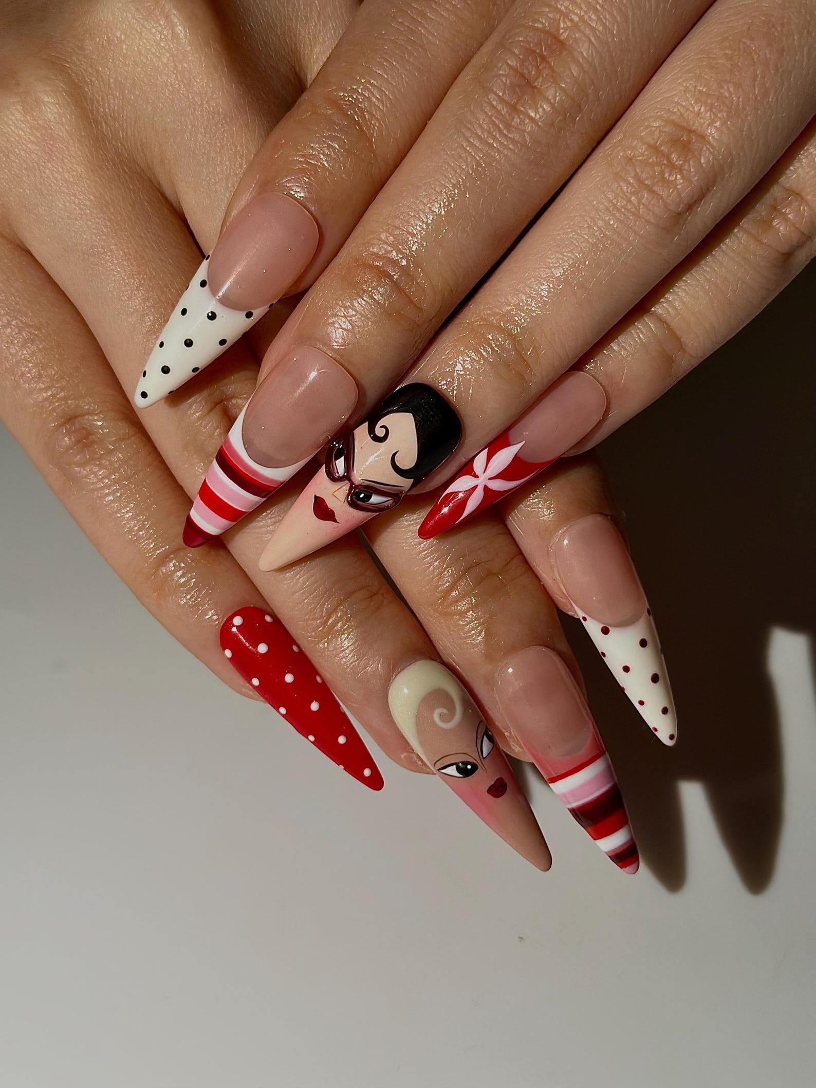 Fashion Doll Aesthetic Press On Nails | Red Vintage Girl Nails | Hand Painted Character Nails | Y2K Pop Art Nail Design | JB327HC