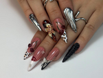 Autumn Cherry Bloom Press On Nails | Coral Red Fall Nail Art | 3D Floral & Leopard Print Nails | Handmade Gothic Accent Set | A1130C