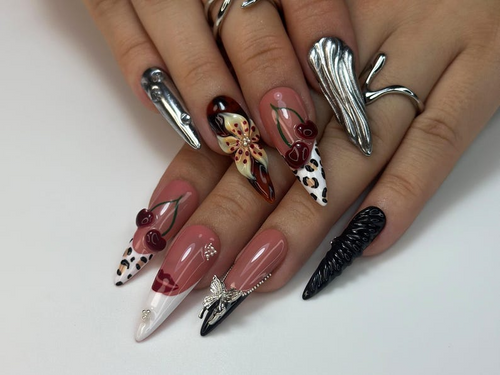 Autumn Cherry Bloom Press On Nails | Coral Red Fall Nail Art | 3D Floral & Leopard Print Nails | Handmade Gothic Accent Set | A1130C