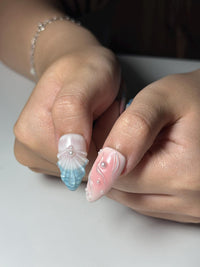 Pastel Ocean Press On Nails with 3D Flower and Seashell | Tropical Beach Nails in Almond Shape | Summer Vacation Nails for Holiday| HC1311NC