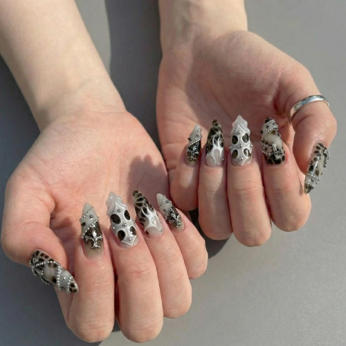 Gothic Smoke Cross Press On Nails | Black White Flame Nails | Silver Cross & Rhinestone Nail Art | Dark Baroque Statement Nails | Long Stiletto Press Ons