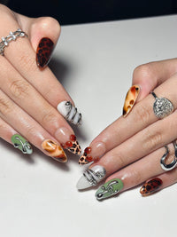 2026 Trend: Biomorphic Amber & Moss Nails | Tortoiseshell Cyber-Grunge Press Ons | Liquid Metal Silver Art | Earth-Tone Future Nails|JB363IC