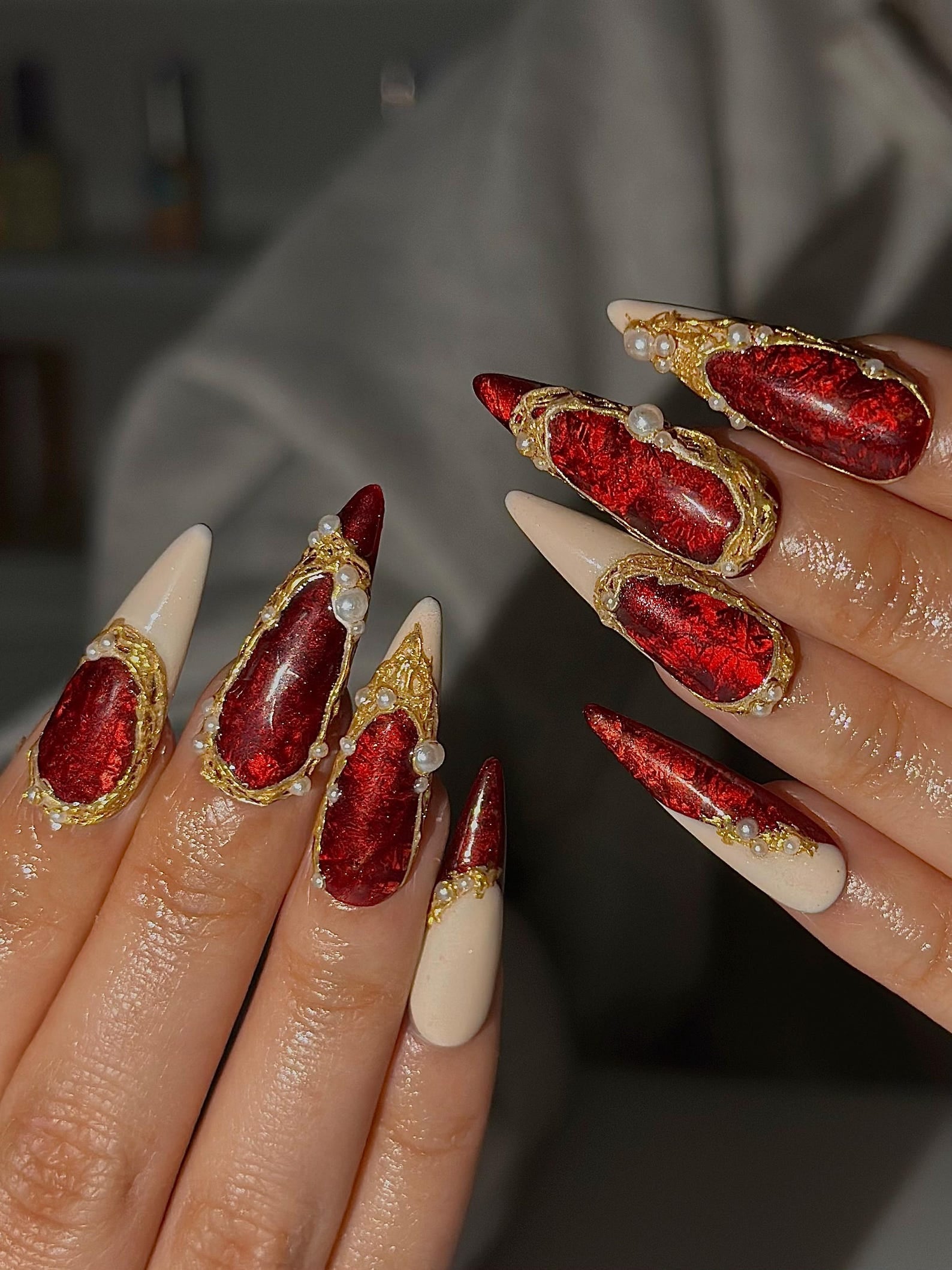 Red Chrome Luxury Press On Nails | Gold Frame Pearl Nail Art | Elegant Burgundy Stiletto Nails | Baroque Glam Nail Design | HC1305HC