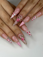 Pink Rose Press On Nails for Bridal | Handmade Rose Flower Nails with Pearls | Elegant Wedding Press Ons | Gold Frame Floral Nails | JB295HC
