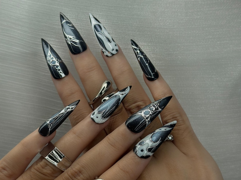 Winter Galaxy Press On Nails | Black & Silver Metallic Nail Art | Space-Inspired Chrome Design | Gothic Celestial Nails | HC1166BK
