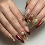Press On Nails Adhesive Tabs ?M?Nude Burgundy Gold Heart & Rose Chrome Long Stiletto Handmade Fake Nails for Luxury Romantic Look
