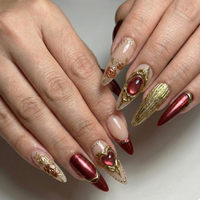 Press On Nails Adhesive Tabs ?M?Nude Burgundy Gold Heart & Rose Chrome Long Stiletto Handmade Fake Nails for Luxury Romantic Look