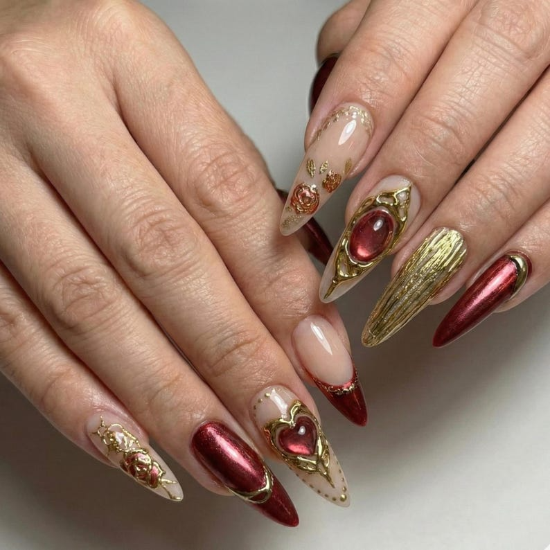 Press On Nails Adhesive Tabs ?M?Nude Burgundy Gold Heart & Rose Chrome Long Stiletto Handmade Fake Nails for Luxury Romantic Look