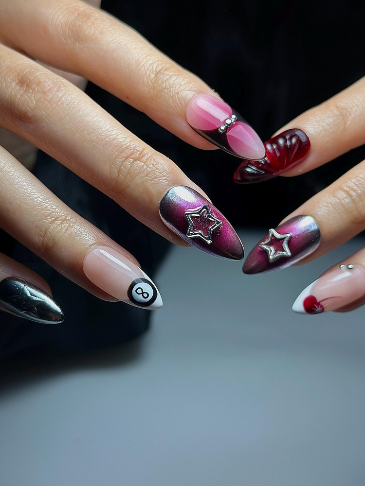 Y2K Chrome Star Press On Nails | Burgundy Gradient Stiletto Nails | Retro Heart Nail Art | Metallic Nails | Handmade Press Ons | HC1302HC