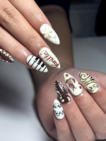 Brown Deer Press On Nails | Piano Note Nail Art | Elegant White Brown Nails | 3D Flower Gold Detail Nails | Handmade Press Ons | HB1307IC