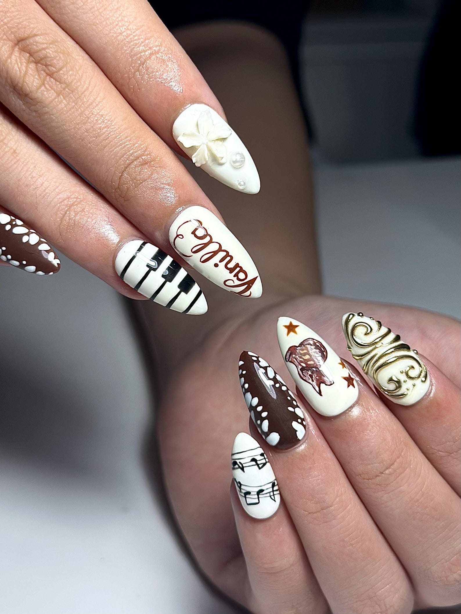 Brown Deer Press On Nails | Piano Note Nail Art | Elegant White Brown Nails | 3D Flower Gold Detail Nails | Handmade Press Ons | HB1307IC