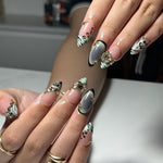 Nude Pink Press On Nails with Black Floral and Gold Charm | 3D Elegant Nails in Almond Shape | Handmade Nails for Party, Wedding | JC333NC