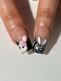 Easter Bunny Cross Press On Nails | Cute 3D Rabbit French Tips | Pastel Spring Kawaii Nails | Pink Black Set | Handmade Press Ons | DC1033HC