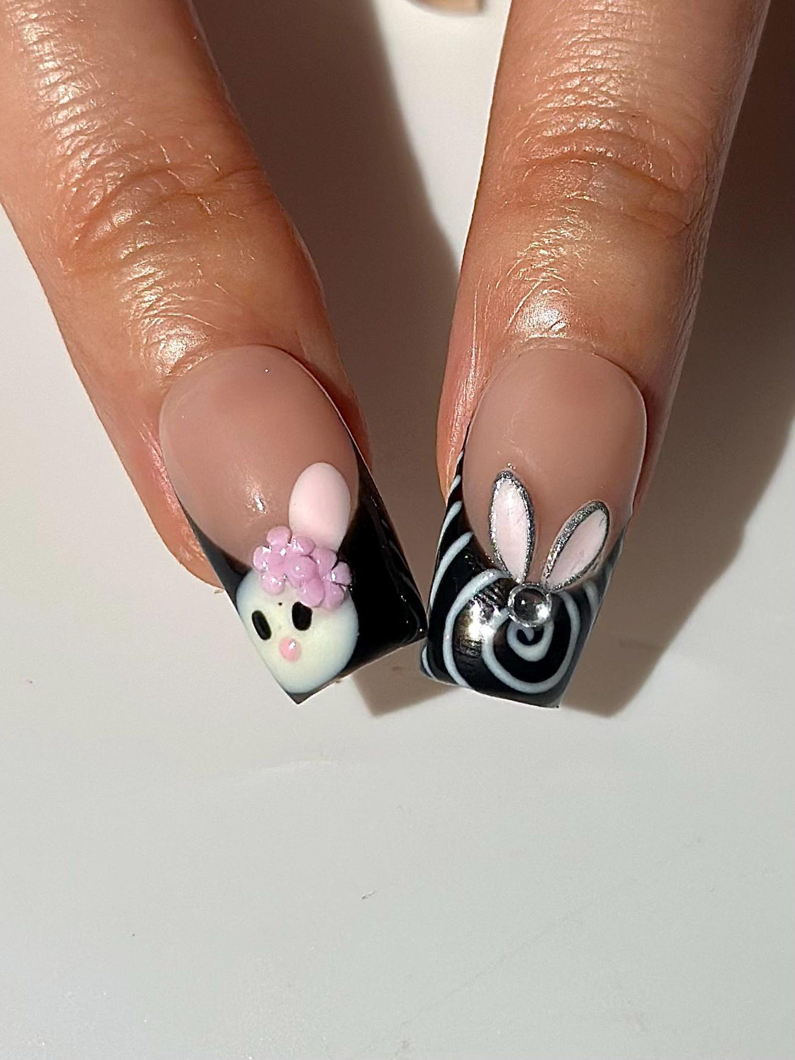 Easter Bunny Cross Press On Nails | Cute 3D Rabbit French Tips | Pastel Spring Kawaii Nails | Pink Black Set | Handmade Press Ons | DC1033HC