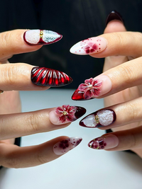 Burgundy Red Floral Press On Nails | 3D Wine Flower Nails | Dark Romantic Nail Art | Elegant Gradient Nails | Luxury Press Ons | JB324HK