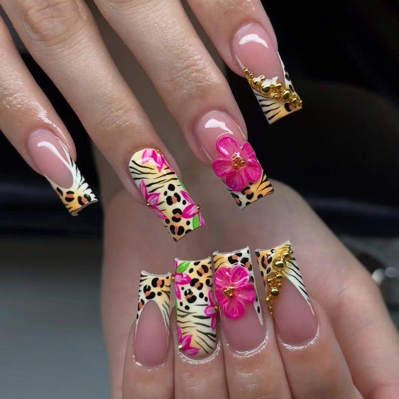 Leopard Floral Press On Nails | Pink Flower Cheetah French Tips Nail Art | Safari Press Ons | Animal Print Fake nails | Wild Animal |HB943YK