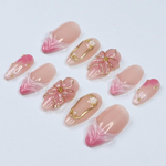 Blush Bloom Elegance Press On Nails with 3D Floral Accents| Gold Details & Pink Ombre| Suitable for Wedding| Events or Gift for Her
