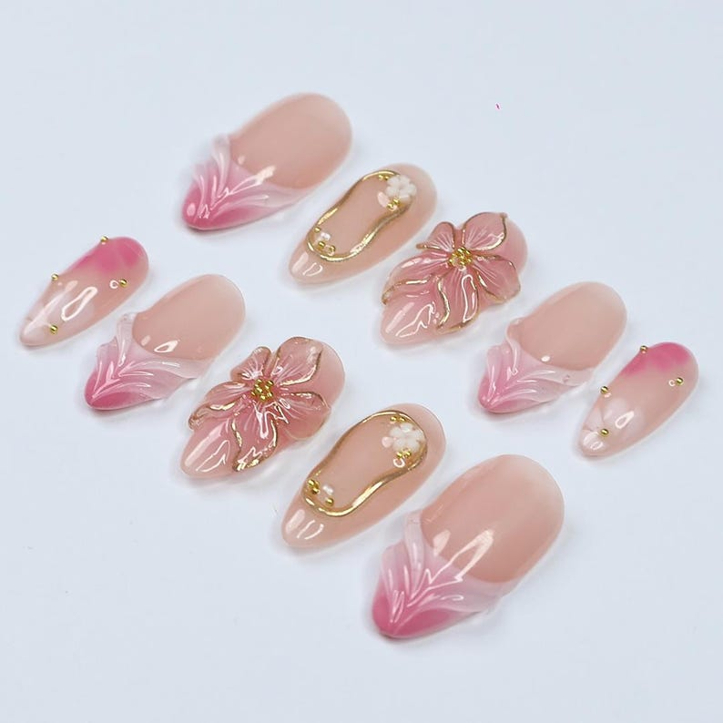 Blush Bloom Elegance Press On Nails with 3D Floral Accents| Gold Details & Pink Ombre| Suitable for Wedding| Events or Gift for Her