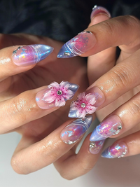 Aurora Galaxy Floral Press On Nails | Iridescent Chrome Stiletto Nails | 3D Sakura Flower Nails | Fantasy Butterfly Nail Art | DB1044HC