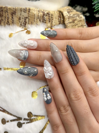 Silver Winter Stars Press On Nails | Elegant Winter Flower Nail Art | Grey Glitter Winter Nails | Frosty Holiday Press Ons | JC251EC