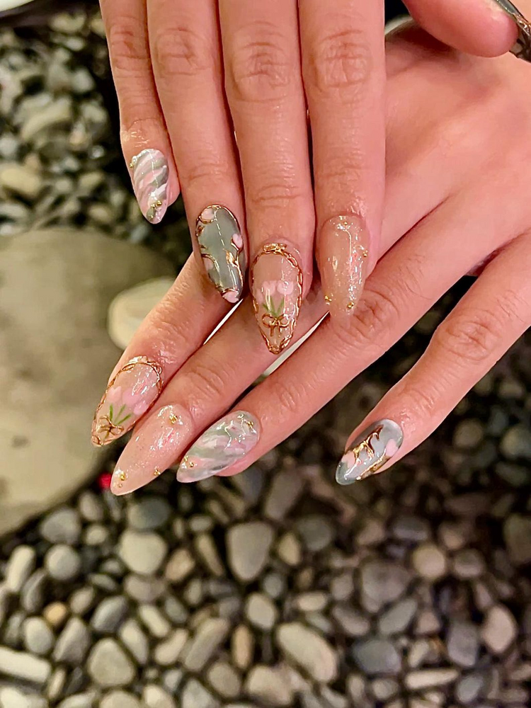 Vintage Tulip Press On Nails, Sage Green and Pink Marble Nails with Gold Rose Frame, Elegant Floral Hand-Painted Custom Nails, JB307HK