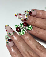 Cottagecore Daisy Ladybug Nails | Spring Gingham Press On Nails | Cute Picnic Nail Art | Green and White Nails | Floral Fake Nails| HC1317IC