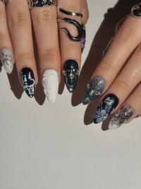 Gothic Violet Chrome Press On Nails | Black Silver Luxury Nails | 3D Baroque Floral Nails | Dark Elegant Nails | JC310HC
