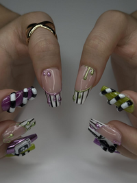 Spooky Stripes Press On Nails | Beetle-Inspired Gothic Nail Art | Handmade Creepy Cute Nails | Halloween Party Nail Art