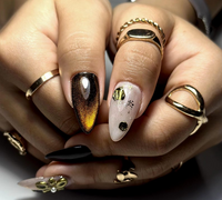 Golden Eclipse Glam Press On Nails | Metallic Brown Cat-Eye Gradient | 3D Gold Floral & Gem Accents | Luxury Handmade Nail Art | JB148EC