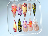 3D Floral and Butterfly Press On Nails | Vibrant 3D Flower and Butterfly Nail Art | Unique Garden Acrylic Nails | Colorful Spring | HB541YL