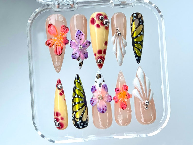 3D Floral and Butterfly Press On Nails | Vibrant 3D Flower and Butterfly Nail Art | Unique Garden Acrylic Nails | Colorful Spring | HB541YL