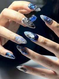 Galaxy Gothic Press On Nails | Dark Blue Chrome Cat Eye Nails | Celestial Star Night Nail Art | Handmade Cosmic Gel Nails | JB328IC